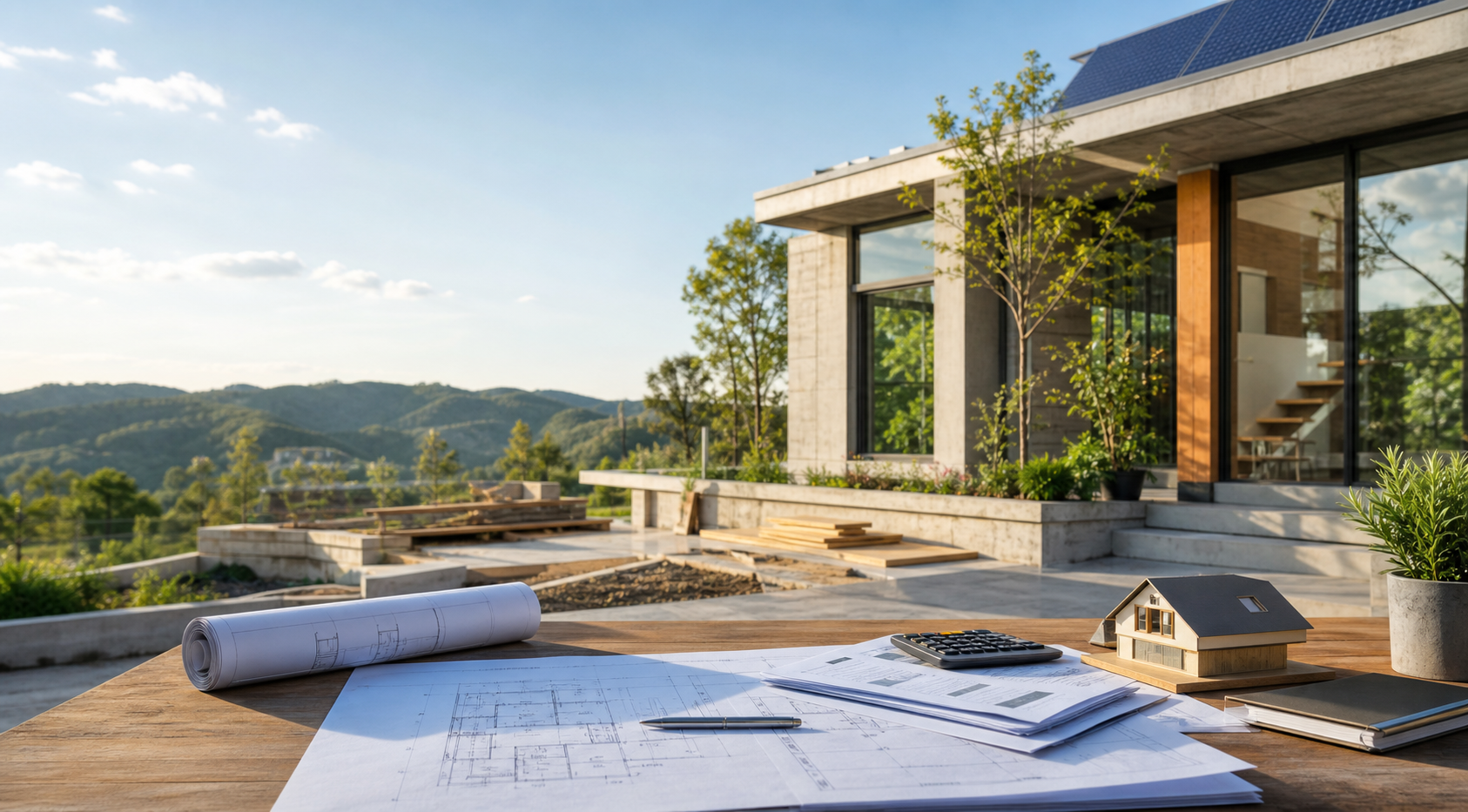 Modern residential construction site with eco-conscious design details